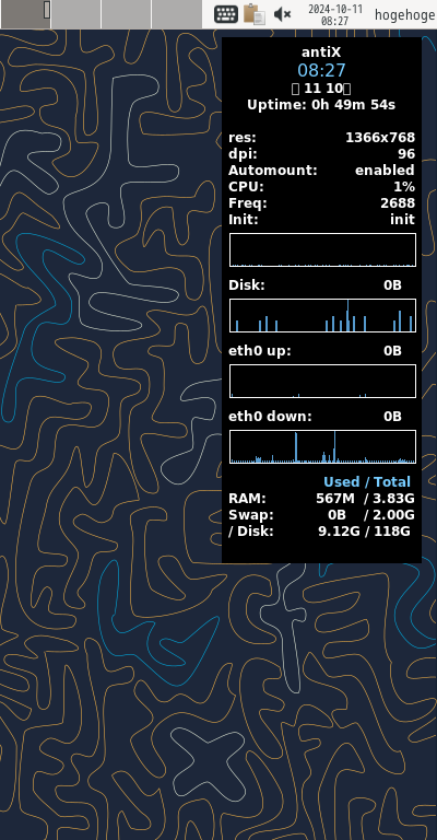 「antiX 23.2 XFCE」-「Conky」「デフォルトの表」