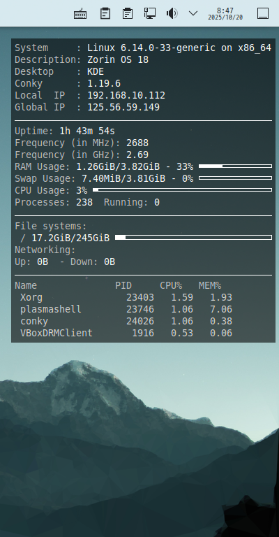 「Zorin OS 18 KDE」-「Conky」「表示」
