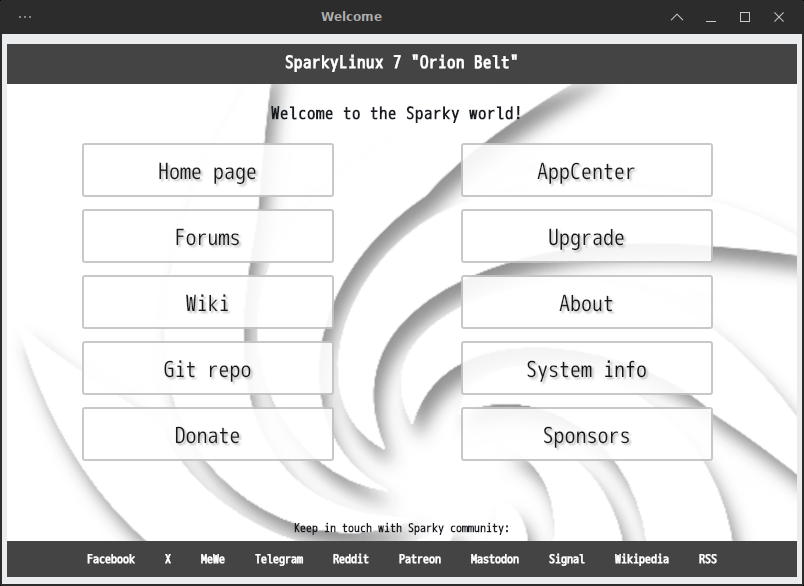 「SparkyLinux 7.8 XFCE」-「Welcome to the Sparky world!」
