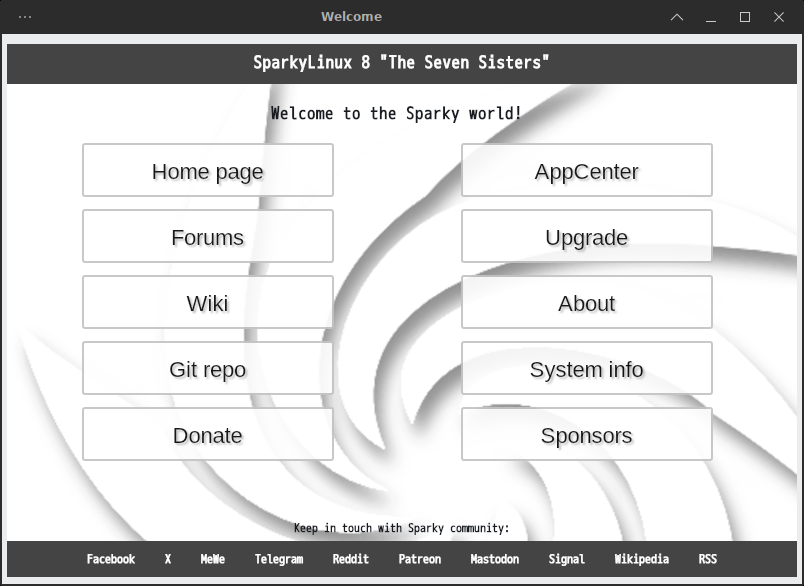 「SparkyLinux 8.1 XFCE」-「Welcome to the Sparky world!」