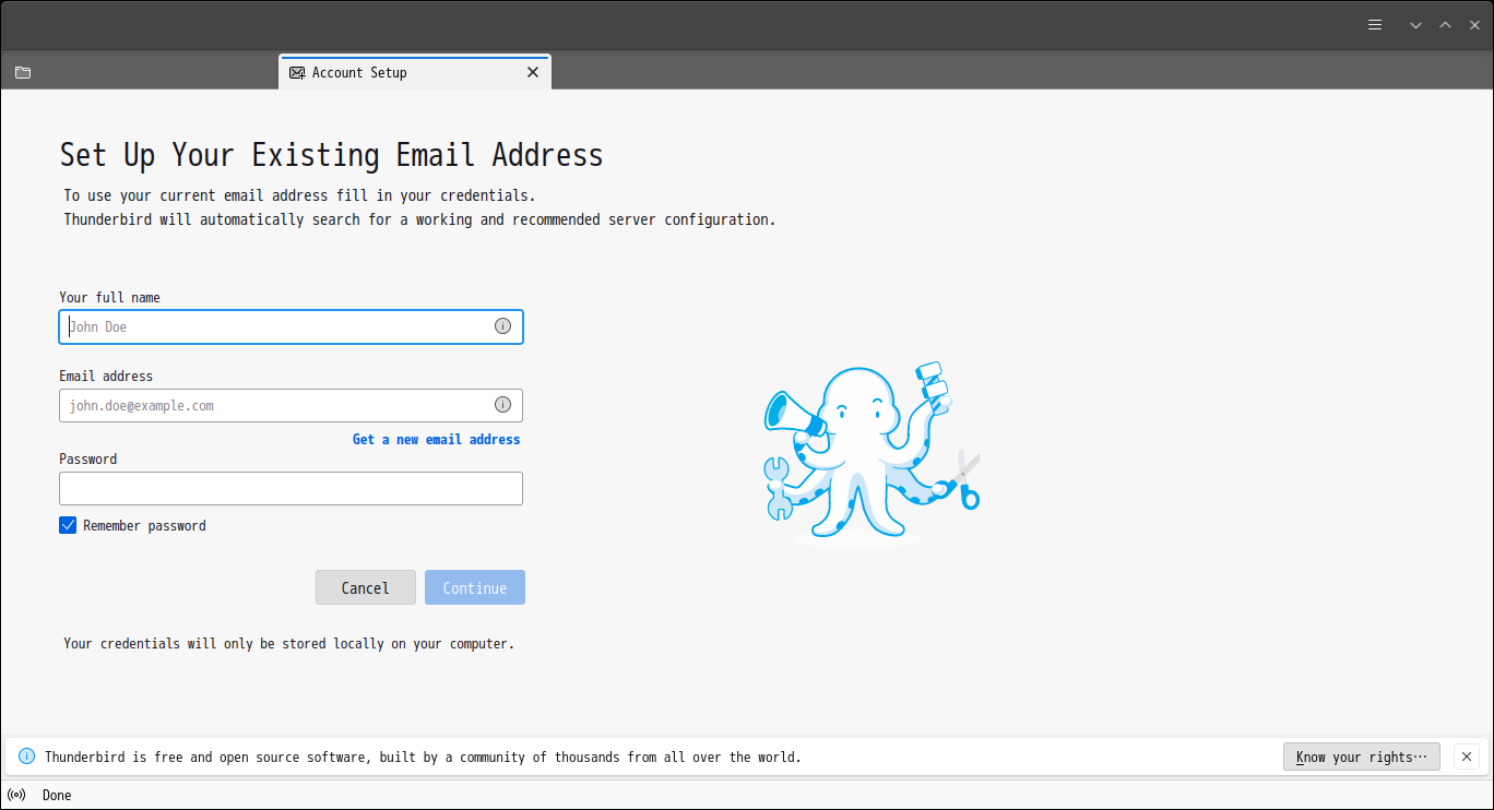 「SpiralLinux - 12.231001 KDE」-「Thunderbird」「アカウント設定」