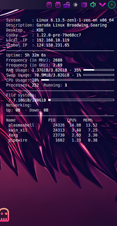 クリックでオリジナルのサイズで開きます 「Garuda 250308 KDE」-「Conky」「表示」