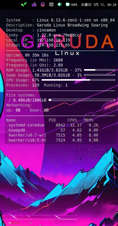 クリックでオリジナルのサイズで開きます 「Garuda 250308 Cinnamon」-「Conky」「表示」