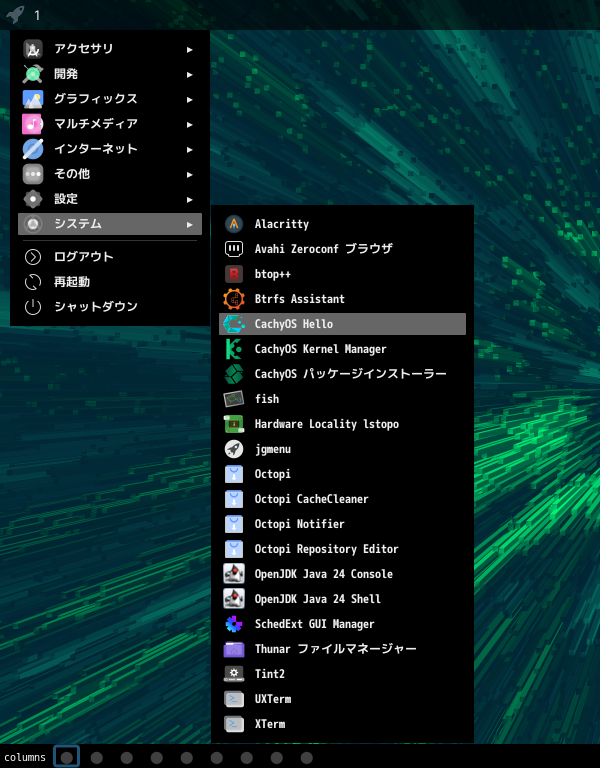 「CachyOS 250824 qtile」-「スタート」→「システム」→「CachyOS Hello」