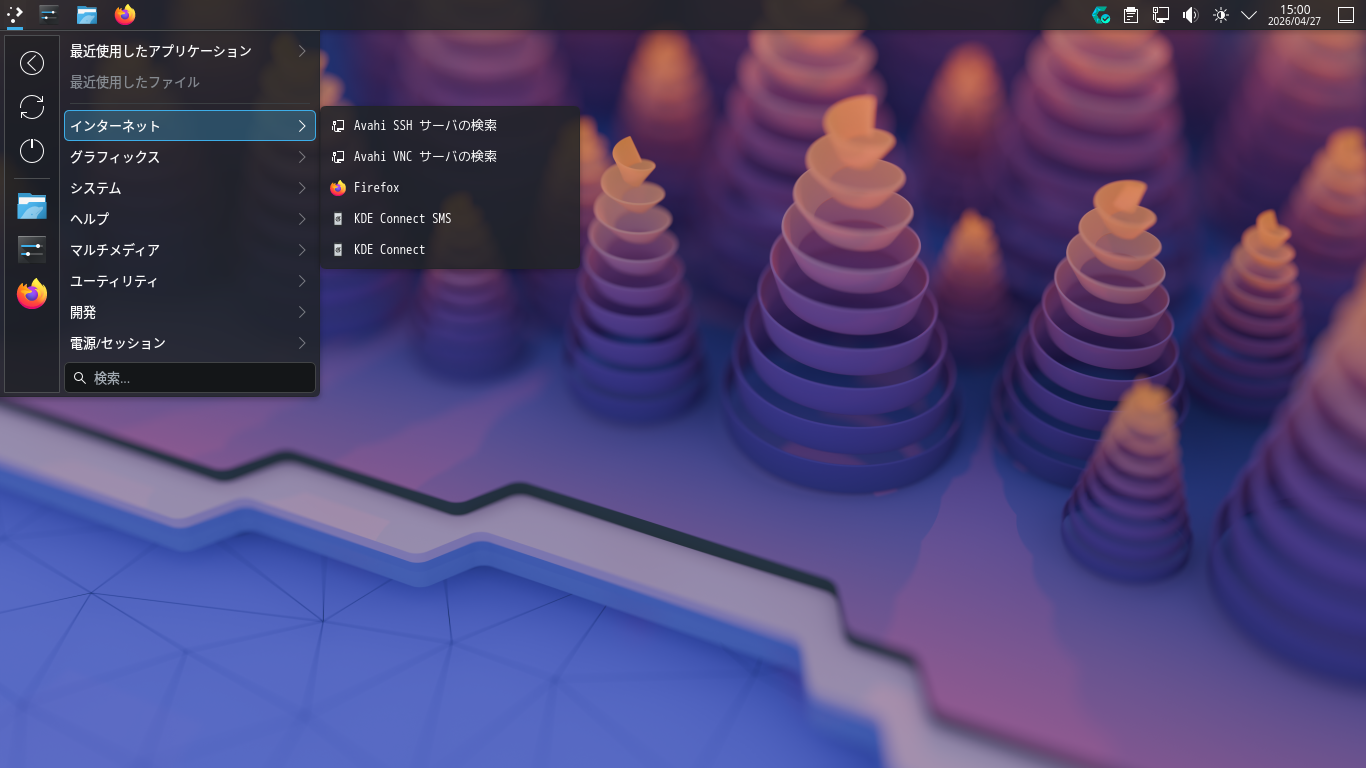 「CachyOS 260426 KDE」-「カスタマイズ後のデスクトップ・メニュー」