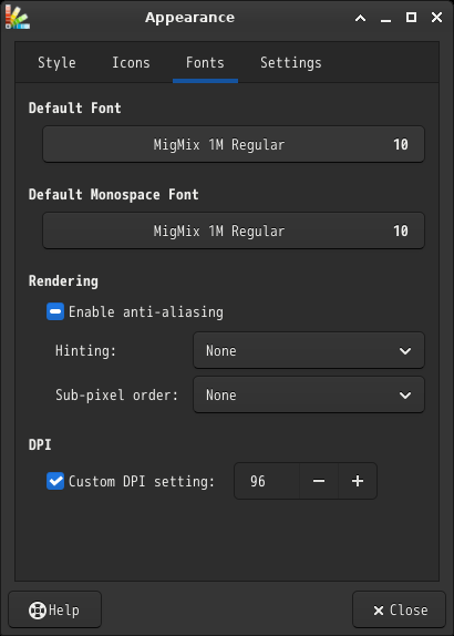 「Alpine Linux 3.23.3 XFCE」-「Fonts - XFCE システム設定」