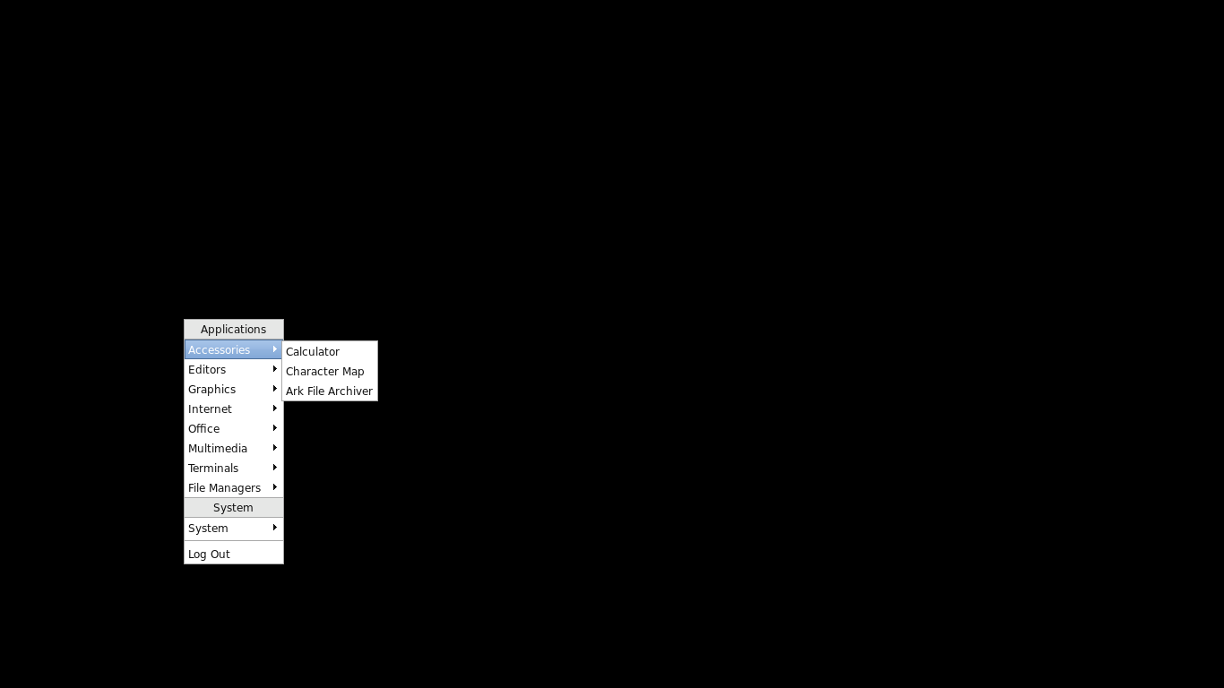 「Alpine Linux 3.23.3 Openbox」-「デフォルトのデスクトップ・メニュー」