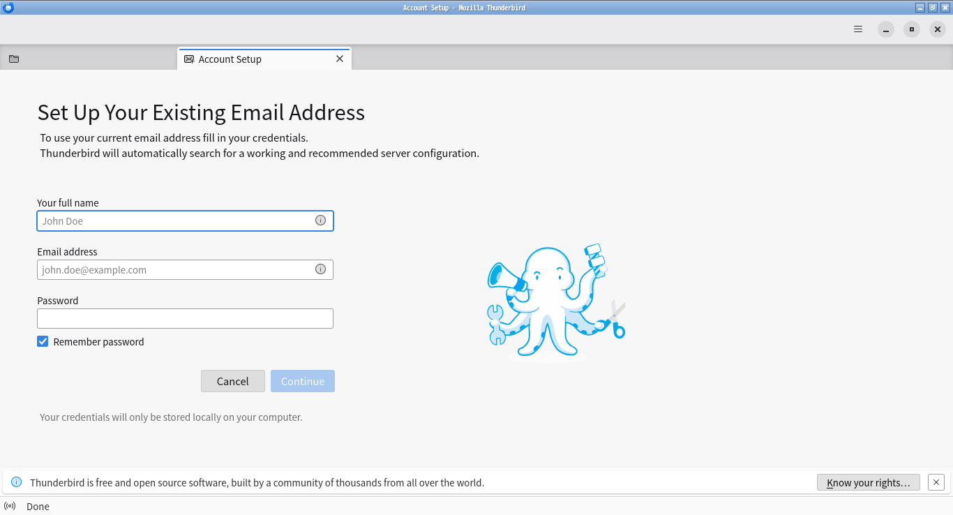 「Alpine Linux 3.23.3 Openbox」-「Thunderbird」「アカウント設定」