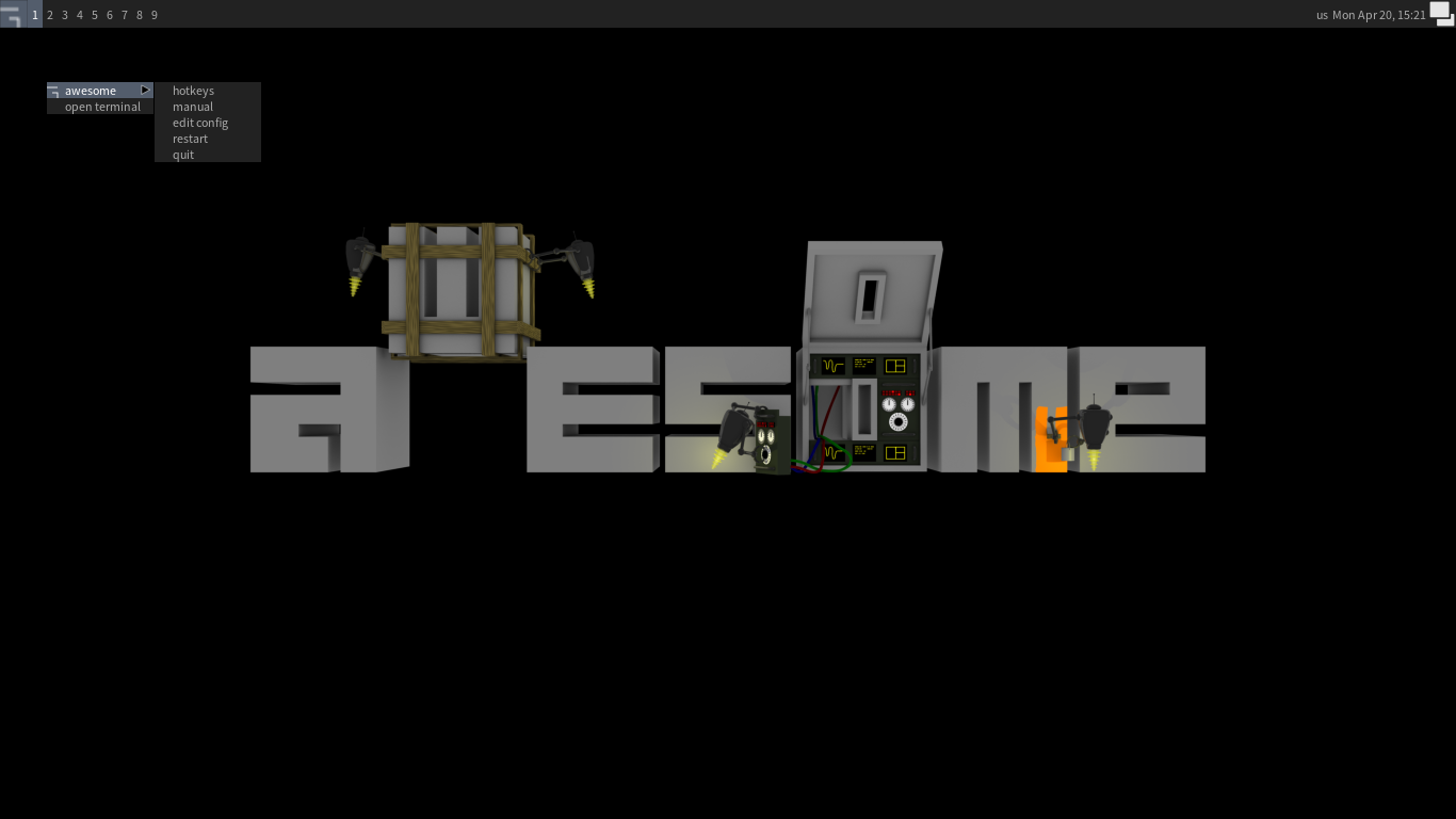 「Alpine Linux 3.23.3 awesome」-「デフォルトのデスクトップ・メニュー」