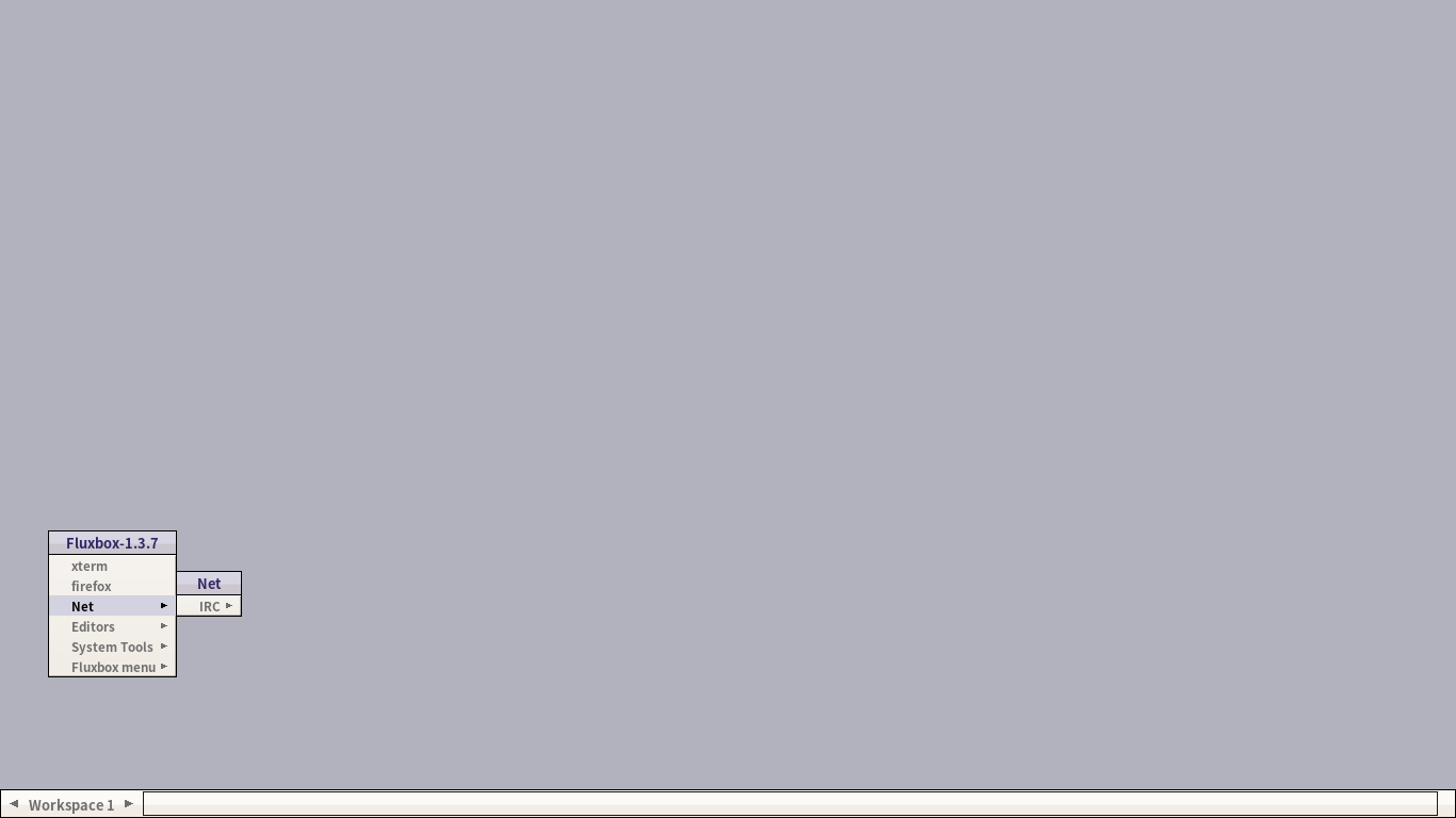「Alpine Linux 3.23.3 Fluxbox」-「デフォルトのデスクトップ・メニュー」