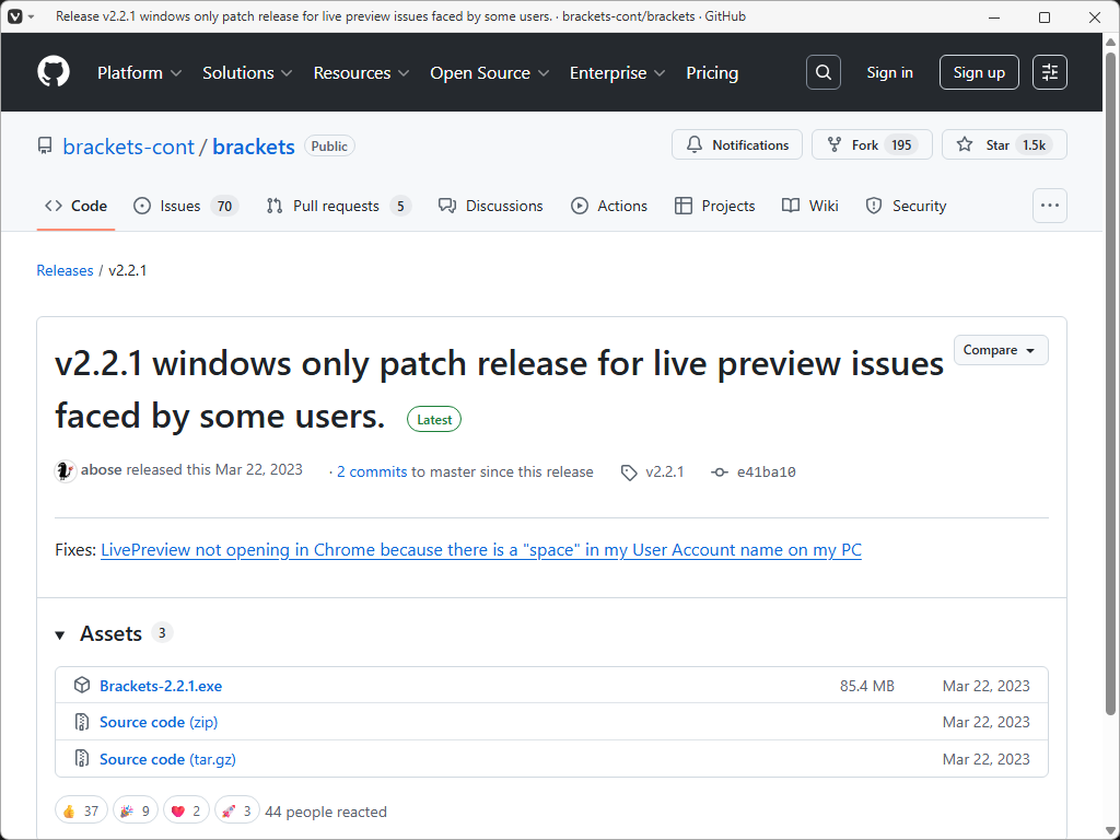 「Brackets」-「ダウンロードサイト」「Latest」