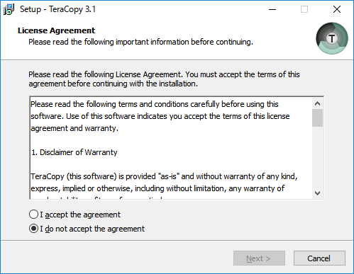 「TeraCopy 3.1 インストール」-「License Agreement」