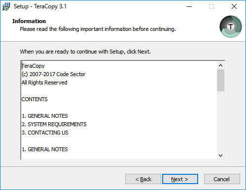 「TeraCopy 3.1 インストール」-「Information」