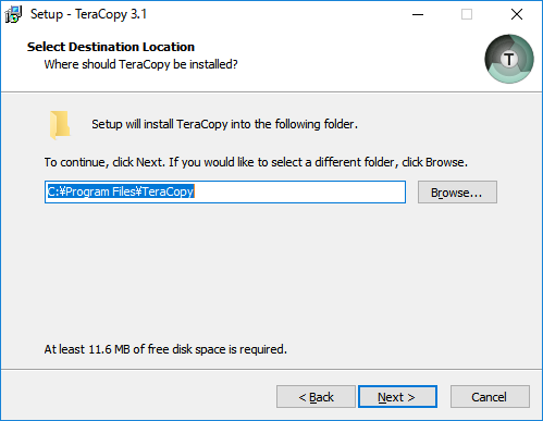 「TeraCopy 3.1 インストール」-「Select Destination Location」