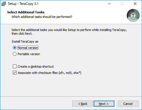 「TeraCopy 3.1 インストール」-「Select Additional Tasks」