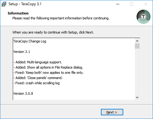 「TeraCopy 3.1 インストール」-「Infomation Please read...」
