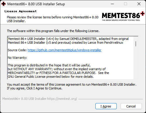 「MemTest86+」-「License Agreement」