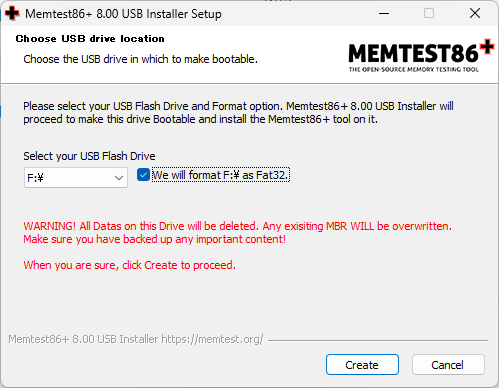「MemTest86+」-「Choose USB Drive Location」