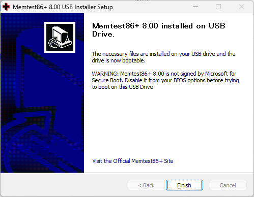 「MemTest86+」-「installed on USB Drive」