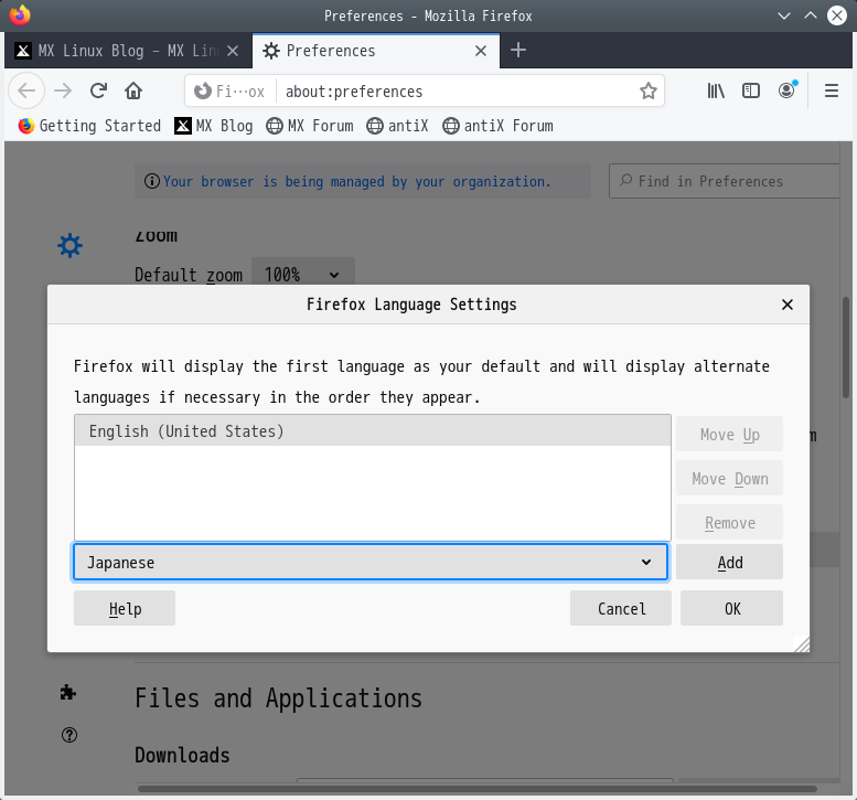 「Firefox 74.0」-「Language Settings」「Japanese」