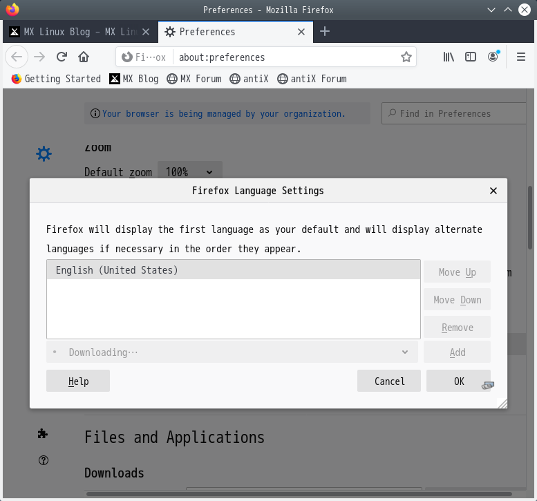 「Firefox 74.0」-「Language Settings」「Downloading」