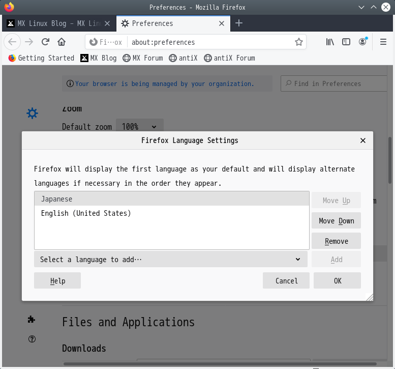 「Firefox 74.0」-「Language Settings」「Japanese」「設定後」