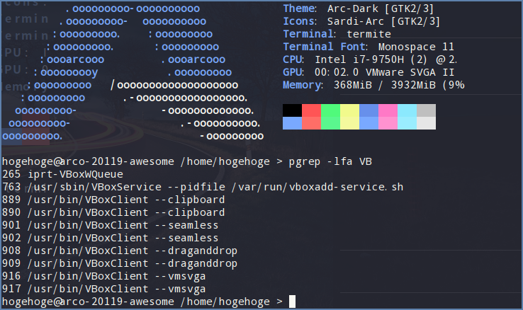 「VirtualBox Guest Additions」「ArcoLinux 20.11.9 awesome」-「動作確認」