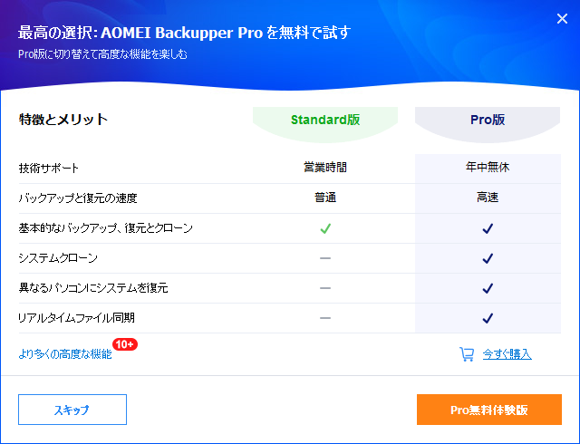 「AOMEI Backupper 6.9.2」-「インストール」「PRO 版の無料体験」