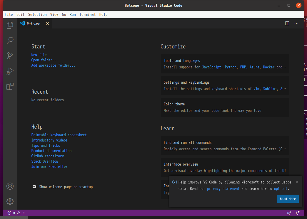 「Visual Studio Code」「Ubuntu 20.04」-「起動直後」