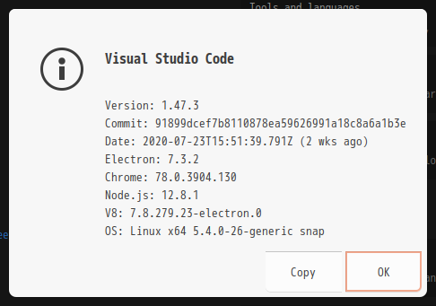 「Visual Studio Code」「Ubuntu 20.04」-「バージョン情報」