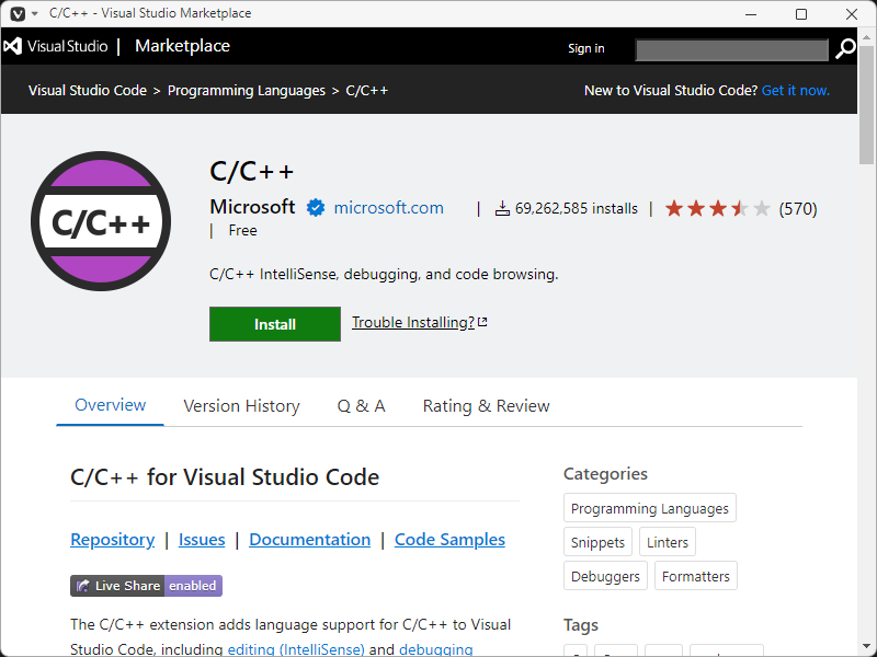 「Visual Studio Code」-「拡張機能 C・C++」「Install」
